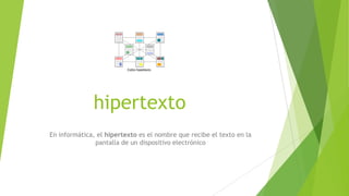 hipertexto
En informática, el hipertexto es el nombre que recibe el texto en la
pantalla de un dispositivo electrónico
 