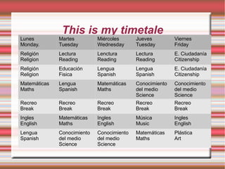 This is my timetale
Lunes
Monday.
Martes
Tuesday
Miércoles
Wednesday
Jueves
Tuesday
Viernes
Friday
Religión
Religion
Lectura
Reading
Lenctura
Reading
Lectura
Reading
E. Ciudadanía
Citizenship
Religión
Religion
Educación
Fisica
Lengua
Spanish
Lengua
Spanish
E. Ciudadanía
Citizenship
Matemáticas
Maths
Lengua
Spanish
Matemáticas
Maths
Conocimiento
del medio
Science
Conocimiento
del medio
Science
Recreo
Break
Recreo
Break
Recreo
Break
Recreo
Break
Recreo
Break
Ingles
English
Matemáticas
Maths
Ingles
English
Música
Music
Ingles
English
Lengua
Spanish
Conocimiento
del medio
Science
Conocimiento
del medio
Science
Matemáticas
Maths
Plástica
Art
 