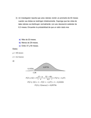 3) Un investigador reporta que unos ratones vivirán un promedio de 40 meses
cuando sus dietas se restringen drásticamente. Suponga que las vidas de
tales ratones se distribuyen normalmente con una desviación estándar de
6.3 meses. Encuentre la probabilidad de que un ratón dado viva:
a) Más de 32 meses.
b) Menos de 28 meses.
c) Entre 37 y 49 meses.
Datos:
𝜇 = 40 𝑚𝑒𝑠𝑒𝑠
𝜎 = 6,3 𝑚𝑒𝑠𝑒𝑠
a)
𝑃( 𝑋 ≥ 32) = 𝑃 (
𝑋 − 𝜇
𝜎
≥
32 − 40
6,3
) = 𝑃( 𝑍 ≥ −1,27)
𝑃( 𝑋 ≥ 32) = 1 − 𝑃( 𝑍 < −1,27) = 1 − 0,10204
𝑃( 𝑋 ≥ 32𝑚𝑒𝑠𝑒𝑠) = 0,89796
–1,96
0,89796
0,10204
 