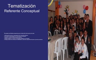 Tematización 
Referente Conceptual 
Principales actividades propuestas para el desarrollo del proyecto de aula: 
1.Orientación teórica y apropiación de contenidos básicos. 
2. Pruebas de desempeño en el aula taller de turismo. 
3. Apoyo a eventos institucionales internos. 
4. Apoyo logístico a eventos municipales (públicos y privados) 
5. Etapa productiva: Evidenciar habilidades y destrezas adquiridas durante el proceso anterior. 
FOTOGRAFIA 
AMPLIADA AL 
RECUADRO ROJO 
 