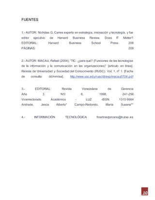 10
FUENTES
1.- AUTOR: Nicholas G. Carres experto en estrategia, innovación y tecnología, y fue
editor ejecutivo de Harvard Business Review. Does IT Matter?
EDITORIAL: Harvard Business School Press 208
PÁGINAS: 208
2.- AUTOR: MACAU, Rafael (2004). “TIC: ¿para qué? (Funciones de las tecnologías
de la información y la comunicación en las organizaciones)” [artículo en línea].
Revista de Universidad y Sociedad del Conocimiento (RUSC). Vol. 1, nº 1. [Fecha
de consulta: dd/mm/aa]. http://www.uoc.edu/rusc/dt/esp/macau0704.pdf
3.- EDITORIAL: Revista Venezolana de Gerencia
Año 3. N1I 6, 1998, 241-256
Vicerrectorado Académico - LUZ -ISSN 1315·9984
Andrade, Jesús Alberto* Campo-Redondo, María Susana**
4.- INFORMACIÓN TECNOLÓGICA fmartinezjorcano@kutxa.es
 