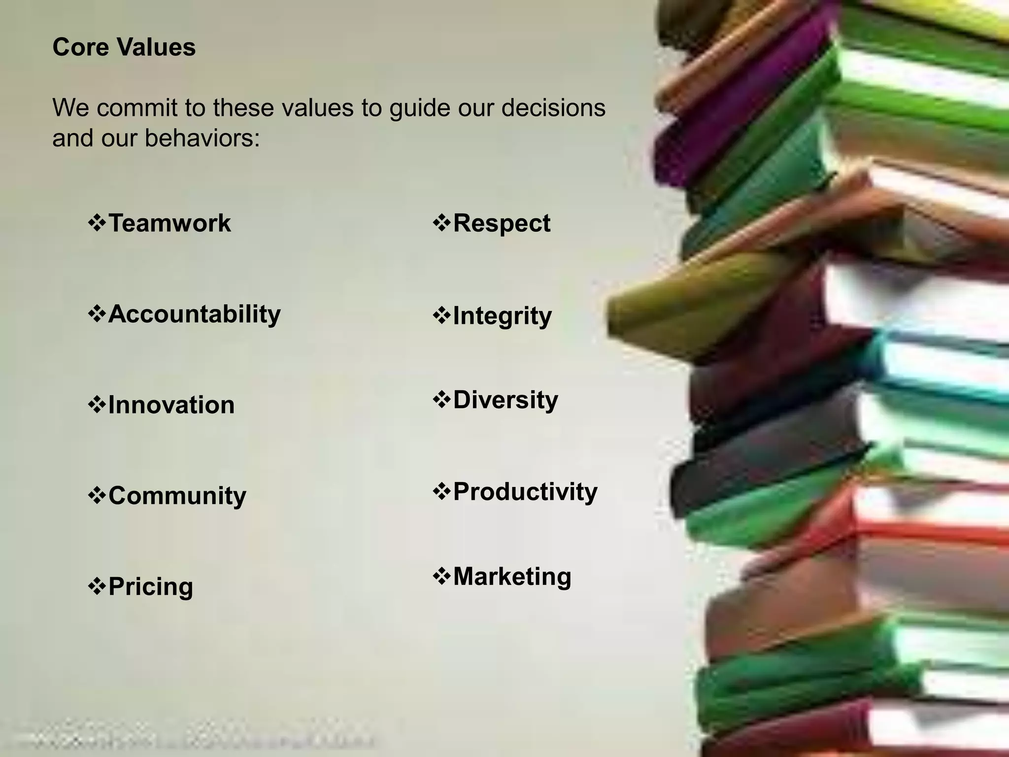 Core Values
We commit to these values to guide our decisions
and our behaviors:
Teamwork
Accountability
Innovation
Community
Pricing
Respect
Integrity
Diversity
Productivity
Marketing
 