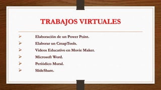 TRABAJOS VIRTUALES
 Elaboración de un Power Point.
 Elaborar un CmapTools.
 Videos Educativo en Movie Maker.
 Microsoft Word.
 Periódico Mural.
 SlideShare.
 