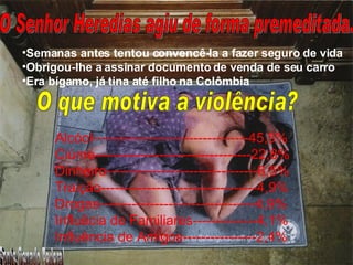 O Senhor Heredias agiu de forma premeditada. Semanas antes tentou convencê-la a fazer seguro de vida Obrigou-lhe a assinar documento de venda de seu carro Era bígamo, já tina até filho na Colômbia O que motiva a violência? Alcóol----------------------------------45,5% Ciúme----------------------------------22,8% Dinheiro---------------------------------6,5% Traição----------------------------------4,9% Drogas----------------------------------4,9% Influêcia de Familiares--------------4,1% Influência de Amigos----------------2,4% Fonte Senado Federal 