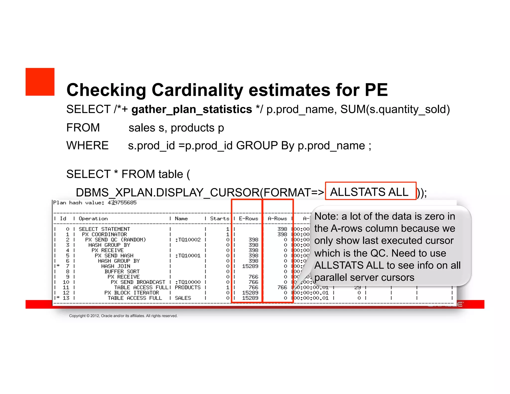 Checking Cardinality estimates for PE
SELECT /*+ gather_plan_statistics */ p.prod_name, SUM(s.quantity_sold)
FROM                                 sales s, products p
WHERE                               s.prod_id =p.prod_id GROUP By p.prod_name ;

SELECT * FROM table (
                                       ALLSTATS ALL
    DBMS_XPLAN.DISPLAY_CURSOR(FORMAT=>'ALLSTATS LAST'));

                                                                       Note: a lot of the data is zero in
                                                                       the A-rows column because we
                                                                       only show last executed cursor
                                                                       which is the QC. Need to use
                                                                       ALLSTATS ALL to see info on all
                                                                       parallel server cursors


Copyright © 2012, Oracle and/or its affiliates. All rights reserved.
 