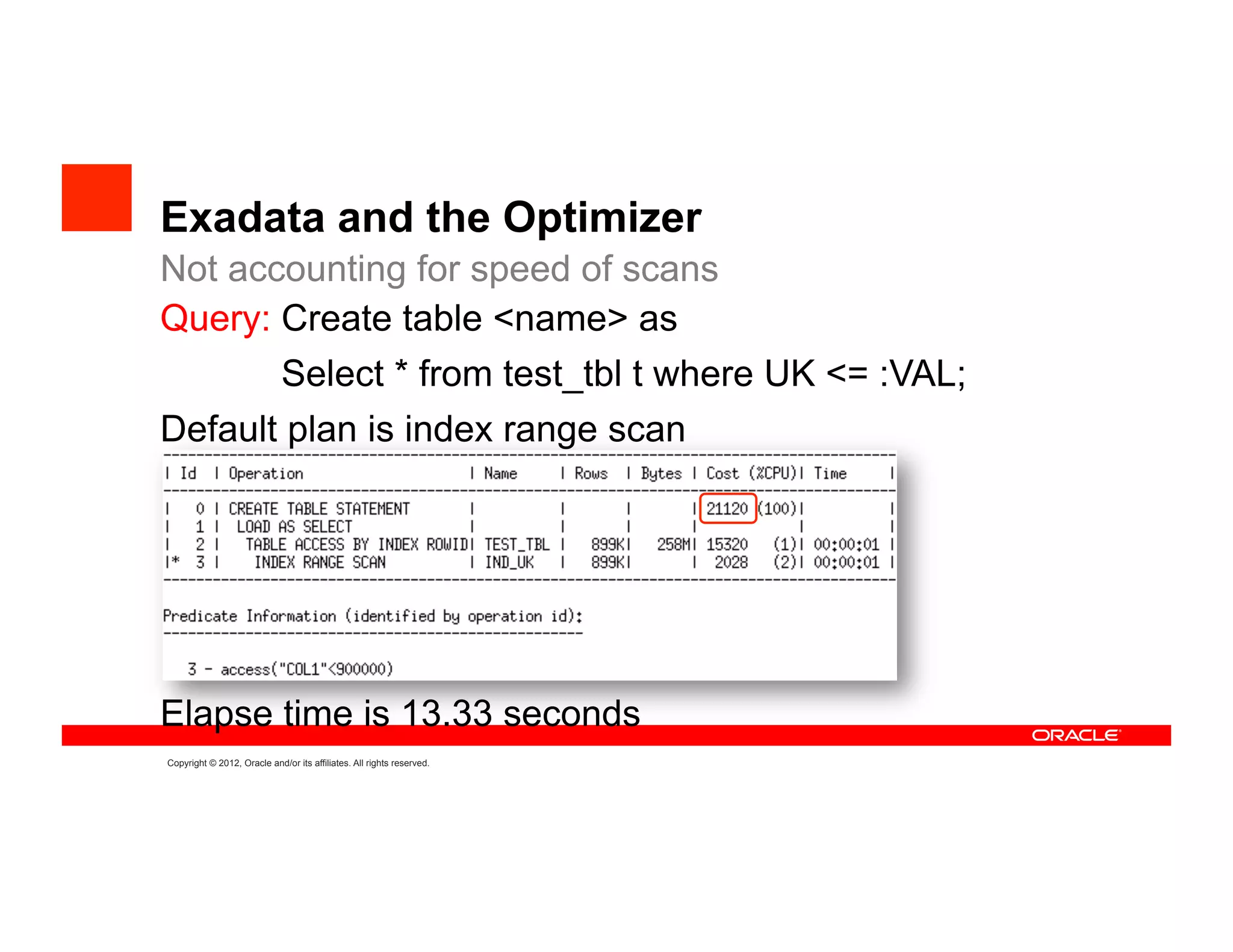 Exadata and the Optimizer
Not accounting for speed of scans
Query: Create table <name> as
                             Select * from test_tbl t where UK <= :VAL;
Default plan is index range scan




Elapse time is 13.33 seconds
Copyright © 2012, Oracle and/or its affiliates. All rights reserved.
 