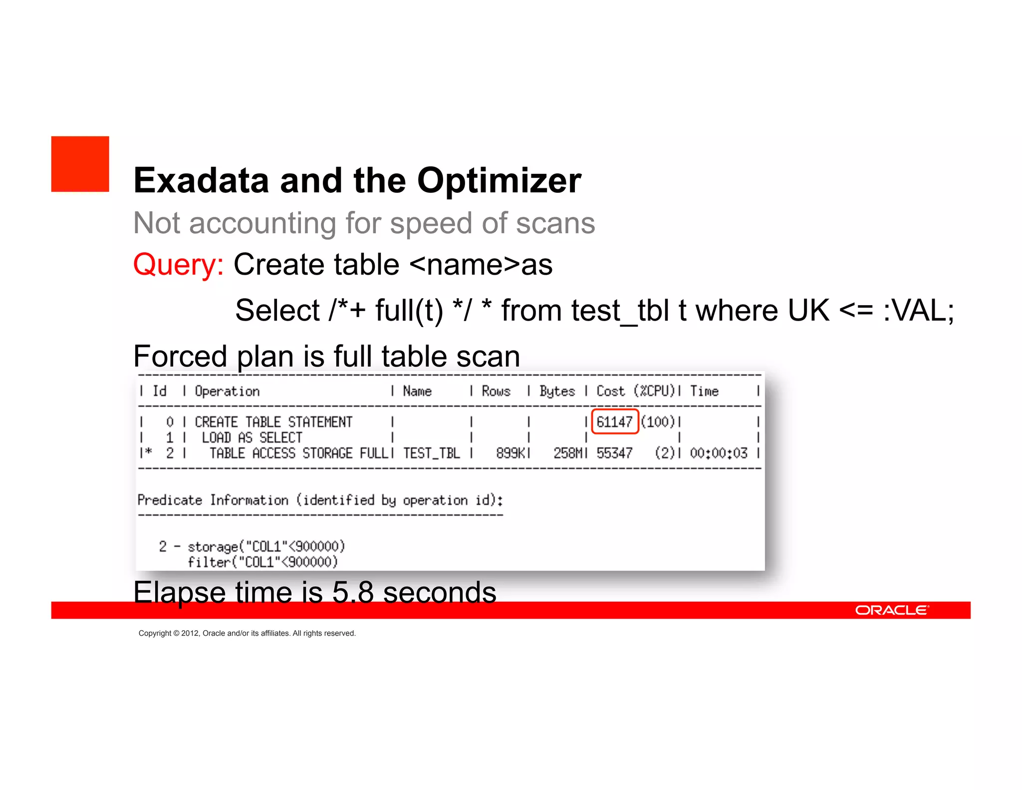 Exadata and the Optimizer
Not accounting for speed of scans
Query: Create table <name>as
       Select /*+ full(t) */ * from test_tbl t where UK <= :VAL;
Forced plan is full table scan




Elapse time is 5.8 seconds
Copyright © 2012, Oracle and/or its affiliates. All rights reserved.
 