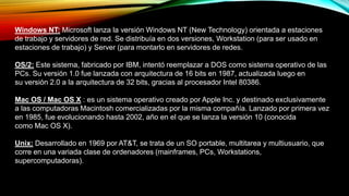 Windows NT: Microsoft lanza la versión Windows NT (New Technology) orientada a estaciones
de trabajo y servidores de red. Se distribuía en dos versiones, Workstation (para ser usado en
estaciones de trabajo) y Server (para montarlo en servidores de redes.
OS/2: Este sistema, fabricado por IBM, intentó reemplazar a DOS como sistema operativo de las
PCs. Su versión 1.0 fue lanzada con arquitectura de 16 bits en 1987, actualizada luego en
su versión 2.0 a la arquitectura de 32 bits, gracias al procesador Intel 80386.
Mac OS / Mac OS X : es un sistema operativo creado por Apple Inc. y destinado exclusivamente
a las computadoras Macintosh comercializadas por la misma compañía. Lanzado por primera vez
en 1985, fue evolucionando hasta 2002, año en el que se lanza la versión 10 (conocida
como Mac OS X).
Unix: Desarrollado en 1969 por AT&T, se trata de un SO portable, multitarea y multiusuario, que
corre en una variada clase de ordenadores (mainframes, PCs, Workstations,
supercomputadoras).
 