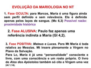 EVOLUÇÃO DA MARIOLOGIA NO NT
1. Fase OCULTA: para Marcos, Maria é uma figura ainda
sem perfil definido e sem relevância. Ela é definida
apenas pelos laços de sangue. (Mc 6,3) Possível razão:
proximidade histórica
2. Fase ALUSIVA: Paulo faz apenas uma
referência indireta a Maria (Gl 4,2).
3. Fase POSITIVA: Mateus e Lucas. Para Mt Maria é toda
relativa ao Messias. Mt insere plenamente a Virgem no
Plano da Salvação.
Para Lc, Maria é já uma “personalidade” consciente e
livre, com uma consciência e um rosto próprio. O livro
de Atos dos Apóstolos também só cita a Virgem uma vez
(At 1,14).
 