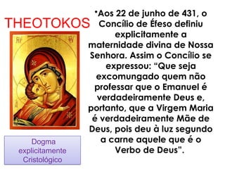 THEOTOKOS
•Aos 22 de junho de 431, o
Concílio de Éfeso definiu
explicitamente a
maternidade divina de Nossa
Senhora. Assim o Concílio se
expressou: “Que seja
excomungado quem não
professar que o Emanuel é
verdadeiramente Deus e,
portanto, que a Virgem Maria
é verdadeiramente Mãe de
Deus, pois deu à luz segundo
a carne aquele que é o
Verbo de Deus”.
Dogma
explicitamente
Cristológico
 