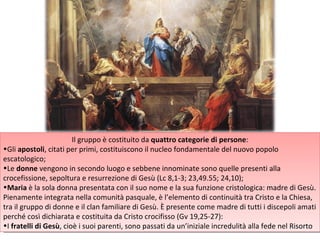 Il gruppo è costituito da  quattro categorie di persone : Gli  apostoli , citati per primi, costituiscono il nucleo fondamentale del nuovo popolo escatologico; Le  donne  vengono in secondo luogo e sebbene innominate sono quelle presenti alla crocefissione, sepoltura e resurrezione di Gesù (Lc 8,1-3; 23,49.55; 24,10); Maria  è la sola donna presentata con il suo nome e la sua funzione cristologica: madre di Gesù. Pienamente integrata nella comunità pasquale, è l’elemento di continuità tra Cristo e la Chiesa, tra il gruppo di donne e il clan familiare di Gesù. È presente come madre di tutti i discepoli amati perché così dichiarata e costituita da Cristo crocifisso (Gv 19,25-27): I  fratelli di Gesù , cioè i suoi parenti, sono passati da un’iniziale incredulità alla fede nel Risorto 