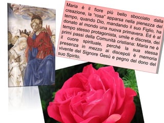 Maria è il fiore più bello sbocciato dalla creazione, la “rosa” apparsa nella pienezza del tempo, quando Dio, mandando il suo Figlio, ha donato al mondo una nuova primavera. Ed è al tempo stesso protagonista, umile e discreta, dei primi passi della Comunità cristiana: Maria ne è il cuore spirituale, perché la sua stessa presenza in mezzo ai discepoli è memoria vivente del Signore Gesù e pegno del dono del suo Spirito. 