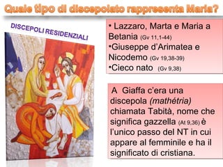 Lazzaro, Marta e Maria a Betania  (Gv 11,1-44) Giuseppe d’Arimatea e Nicodemo  (Gv 19,38-39) Cieco nato  (Gv 9,38) A  Giaffa c’era una discepola  (mathétria)  chiamata Tabità, nome che significa gazzella  (At 9,36)  è l’unico passo del NT in cui appare al femminile e ha il significato di cristiana. 