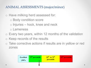 ANIMAL ASSESSMENTS (major/minor)
o Have milking herd assessed for:
o Body condition score
o Injuries – hock, knee and neck
o Lameness
o Every two years, within 12 months of the validation
o Keep records of the results
o Take corrective actions if results are in yellow or red
zones
Excellent
≥90%
75th
percentile 25th
to 75th
percentile
25th
percentile
 