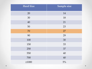 Herd Size Sample size
20 14
30 18
40 21
50 23
70 27
90 29
100 30
150 33
250 37
550 40
700 40
≥1000 5%
 