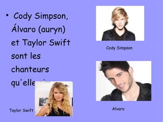 
    Cody Simpson,
    Álvaro (auryn)
    et Taylor Swift   Cody Simpson

    sont les
    chanteurs
    qu'elle aime.


Taylor Swift            Alvaro
 