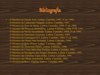Bibliografia
• O Mistério do Falcão Azul. Lisboa: Caminho, 1987; 3ª ed. 1992.
O Mistério do Carburador Salgado. Lisboa: Caminho, 1987.
O Mistério do Poço da Morte. Lisboa: Caminho, 1988; 2ª ed. 1990.
O Mistério das Bonecas Holandesas. Lisboa: Caminho, 1988; 2ª ed. 1991.
O Mistério do Nevão Assombrado. Lisboa: Caminho, 1989; 2ª ed. 1991.
O Mistério da Marioneta Assassina. Lisboa: Caminho, 1989.
O Mistério da Carruagem 013. Lisboa: Caminho, 1989; 2ª ed. 1992.
O Mistério das Portas Mal Fechadas. Lisboa: Caminho, 1990.
O Mistério do Bota d'Ouro. Lisboa: Caminho, 1990.
O Mistério do Motorista Chinês. Lisboa: Caminho, 1990.
O Mistério do Crime Mais-Que-Perfeito. Lisboa: Caminho, 1991.
O Mistério do Passageiro das Peúgas Amarelas. Lisboa: Caminho, 1991.
O Mistério das Galinhas Espavoridas. Lisboa: Caminho, 1991.
O Mistério das Motas Sepultadas. Lisboa: Caminho, 1992.
O Mistério da Ruiva Ifigénia. Lisboa: Caminho, 1992.
 