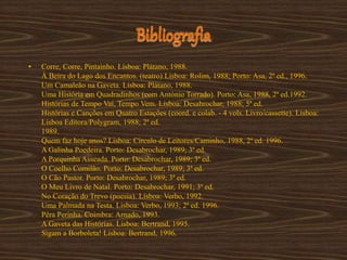 Bibliografia
• Corre, Corre, Pintainho. Lisboa: Plátano, 1988.
À Beira do Lago dos Encantos. (teatro) Lisboa: Rolim, 1988; Porto: Asa, 2ª ed., 1996.
Um Camaleão na Gaveta. Lisboa: Plátano, 1988.
Uma História em Quadradinhos (com António Torrado). Porto: Asa, 1988, 2ª ed.1992.
Histórias de Tempo Vai, Tempo Vem. Lisboa: Desabrochar, 1988; 5ª ed.
Histórias e Canções em Quatro Estações (coord. e colab. - 4 vols. Livro/cassette). Lisboa:
Lisboa Editora/Polygram, 1988; 2ª ed.
1989.
Quem faz hoje anos? Lisboa: Círculo de Leitores/Caminho, 1988, 2ª ed. 1996.
A Galinha Poedeira. Porto: Desabrochar, 1989; 3ª ed.
A Porquinha Asseada. Porto: Desabrochar, 1989; 3ª ed.
O Coelho Comilão. Porto: Desabrochar, 1989; 3ª ed.
O Cão Pastor. Porto: Desabrochar, 1989; 3ª ed.
O Meu Livro de Natal. Porto: Desabrochar, 1991; 3ª ed.
No Coração do Trevo (poesia). Lisboa: Verbo, 1992.
Uma Palmada na Testa. Lisboa: Verbo, 1993; 2ª ed. 1996.
Pêra Perinha. Coimbra: Arnado, 1993.
A Gaveta das Histórias. Lisboa: Bertrand, 1995.
Sigam a Borboleta! Lisboa: Bertrand, 1996.
 