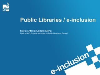 Public Libraries / e-inclusion
María Antonia Carrato Mena
Chair of NAPLE (Naple Authorities on Public Libraries in Europe)
 