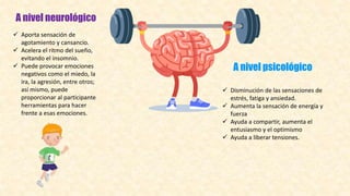 A nivel neurológico
 Aporta sensación de
agotamiento y cansancio.
 Acelera el ritmo del sueño,
evitando el insomnio.
 Puede provocar emociones
negativos como el miedo, la
ira, la agresión, entre otros;
así mismo, puede
proporcionar al participante
herramientas para hacer
frente a esas emociones.
A nivel psicológico
 Disminución de las sensaciones de
estrés, fatiga y ansiedad.
 Aumenta la sensación de energía y
fuerza
 Ayuda a compartir, aumenta el
entusiasmo y el optimismo
 Ayuda a liberar tensiones.
 