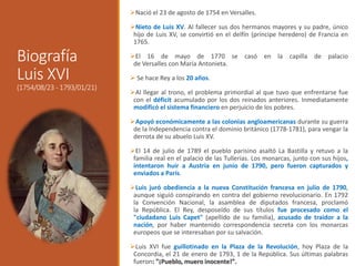 Biografía
Luis XVI
(1754/08/23 - 1793/01/21)
Nació el 23 de agosto de 1754 en Versalles.
Nieto de Luis XV. Al fallecer sus dos hermanos mayores y su padre, único
hijo de Luis XV, se convirtió en el delfín (príncipe heredero) de Francia en
1765.
El 16 de mayo de 1770 se casó en la capilla de palacio
de Versalles con María Antonieta.
 Se hace Rey a los 20 años.
Al llegar al trono, el problema primordial al que tuvo que enfrentarse fue
con el déficit acumulado por los dos reinados anteriores. Inmediatamente
modificó el sistema financiero en perjuicio de los pobres.
Apoyó económicamente a las colonias angloamericanas durante su guerra
de la Independencia contra el dominio británico (1778-1781), para vengar la
derrota de su abuelo Luis XV.
El 14 de julio de 1789 el pueblo parisino asaltó La Bastilla y retuvo a la
familia real en el palacio de las Tullerías. Los monarcas, junto con sus hijos,
intentaron huir a Austria en junio de 1790, pero fueron capturados y
enviados a París.
Luis juró obediencia a la nueva Constitución francesa en julio de 1790,
aunque siguió conspirando en contra del gobierno revolucionario. En 1792
la Convención Nacional, la asamblea de diputados francesa, proclamó
la República. El Rey, desposeído de sus títulos fue procesado como el
"ciudadano Luis Capet" (apellido de su familia), acusado de traidor a la
nación, por haber mantenido correspondencia secreta con los monarcas
europeos que se interesaban por su salvación.
Luis XVI fue guillotinado en la Plaza de la Revolución, hoy Plaza de la
Concordia, el 21 de enero de 1793, 1 de la República. Sus últimas palabras
fueron: "¡Pueblo, muero inocente!".
 