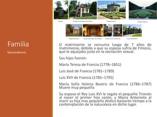 Familia El matrimonio se consuma luego de 7 años de
matrimonio, debido a que su esposo sufría de Fimosis,
que le aquejaba justo en la excitación sexual.
Sus hijos fueron:
María Teresa de Francia (1778–1851)
Luis José de Francia (1781–1789)
Luis XVII de Francia (1785–1795)
María Sofía Helena Beatriz de Francia (1786–1787)
Muere muy pequeña
Su esposo el Rey Luis XVI le regala el pequeño Trianón
al nacer el primer hijo varón, y Maria Antonieta al
morir su hija mas pequeña dedica bastante tiempo a la
contemplación de la naturaleza en dicho lugar.
Descendencia
 