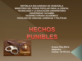 REPÚBLICA BOLIVARIANA DE VENEZÚELA
MINISTERIO DEL PODER POPULAR PARA LA CIENCIA,
TECNOLOGIA Y LA EDUCACIÓN UNIVERSITARIA
UNIVERSIDAD YACAMBÚ
VICERRECTORADO ACADÉMICO
FACULTAD DE CIENCIAS JURÍDICAS Y POLÍTICAS
Araque Díaz María
Alejandra.
Cedula: 19.191.212
 