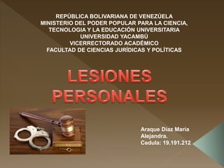 REPÚBLICA BOLIVARIANA DE VENEZÚELA
MINISTERIO DEL PODER POPULAR PARA LA CIENCIA,
TECNOLOGIA Y LA EDUCACIÓN UNIVERSITARIA
UNIVERSIDAD YACAMBÚ
VICERRECTORADO ACADÉMICO
FACULTAD DE CIENCIAS JURÍDICAS Y POLÍTICAS
Araque Díaz María
Alejandra.
Cedula: 19.191.212
 