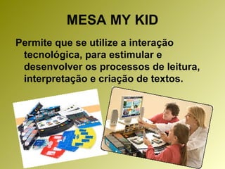 MESA MY KID Permite que se utilize a interação tecnológica, para estimular e desenvolver os processos de leitura, interpretação e criação de textos. 