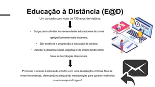 Educação à Distância (E@D)
Um conceito com mais de 150 anos de história:
• Surge para colmatar as necessidades educacionais de zonas
geograficamente mais distantes;
• Dar essência e progressão à educação de adultos;
• Atender à distância social, cognitiva e de ensino tendo como
base as tecnologias disponíveis.
Promover o acesso à educação a todos com uma atualização contínua face às
novas ferramentas, oferecendo e adequando metodologias para garantir melhorias
no ensino-aprendizagem!
 
