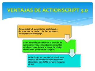 ActionScript 3.0 aumenta las posibilidades
de creación de scripts de las versiones
anteriores de ActionScript.



     Se ha diseñado para facilitar la creación de
     aplicaciones muy complejas con conjuntos
     de datos voluminosos y bases de código
     reutilizables y orientadas a objetos.


          ActionScript 3.0 permite introducir unas
          mejoras de rendimiento que sólo están
          disponibles con AVM2, la nueva máquina
          virtual.
 
