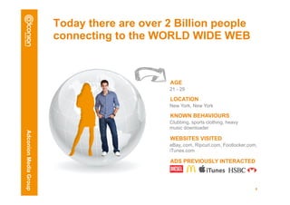 Today there are over 2 Billion people
                       connecting to the WORLD WIDE WEB



                                            AGE
                                            21 - 29

                                            LOCATION
                                            New York, New York

                                            KNOWN BEHAVIOURS
                                            Clubbing, sports clothing, heavy
                                            music downloader
Adconion Media Group




                                            WEBSITES VISITED
                                            eBay,.com, Ripcurl.com, Footlocker,com,
                                            iTunes.com

                                            ADS PREVIOUSLY INTERACTED



                                                                                  6
 