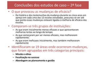 Conclusões dos estudos de caso – 2ª fase
• O que provocou as mudanças de eficácia?
   – Da história e dos testemunhos da mudança durante os cinco anos em
     apreço em cada uma das 12 escolas estudadas, procurou-se ver até
     que ponto essas mudanças estavam ligadas à melhoria de eficácia das
     escolas.
• Comparam-se três grupos de instituições:
   – As que eram inicialmente menos eficazes e que apresentaram
     melhorias lentas ao longo do tempo;
   – As que começaram por ser menos eficazes, mas melhoraram
     rapidamente;
   – As que eram ineficazes inicialmente, mas também melhoraram
     rapidamente
• Identificaram-se 19 áreas onde ocorreram mudanças,
  que foram agrupadas em três categorias principais:
   – Missão e ethos
   – Focalização no sucesso
   – Abordagem ao planeamento e gestão
 