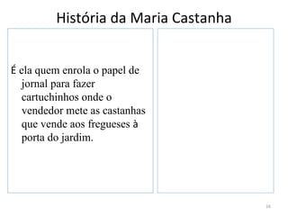 História da Maria Castanha


É ela quem enrola o papel de
   jornal para fazer
   cartuchinhos onde o
   vendedor mete as castanhas
   que vende aos fregueses à
   porta do jardim.




                                      16
 
