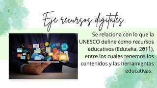 Eje recursos digitales
Se relaciona con lo que la
UNESCO define como recursos
educativos (Eduteka, 2011),
entre los cuales...