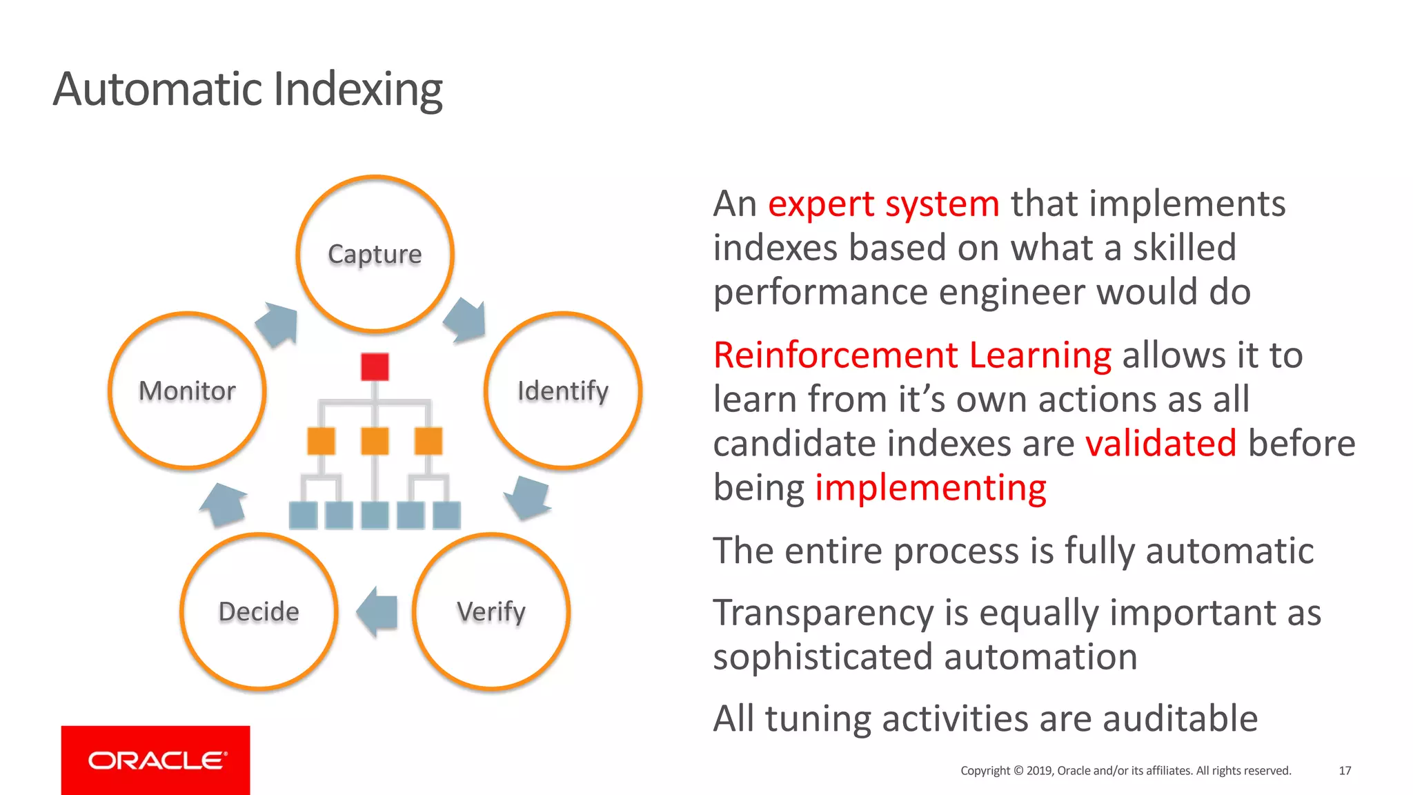 17
Copyright © 2019, Oracle and/or its affiliates. All rights reserved.
An expert system that implements
indexes based on what a skilled
performance engineer would do
Reinforcement Learning allows it to
learn from it’s own actions as all
candidate indexes are validated before
being implementing
The entire process is fully automatic
Transparency is equally important as
sophisticated automation
All tuning activities are auditable
Automatic Indexing
Capture
Identify
Verify
Decide
Monitor
 