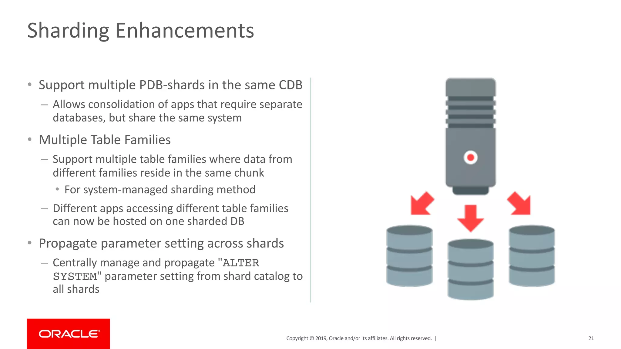 Copyright © 2019, Oracle and/or its affiliates. All rights reserved. |
• Support multiple PDB-shards in the same CDB
– Allows consolidation of apps that require separate
databases, but share the same system
• Multiple Table Families
– Support multiple table families where data from
different families reside in the same chunk
• For system-managed sharding method
– Different apps accessing different table families
can now be hosted on one sharded DB
• Propagate parameter setting across shards
– Centrally manage and propagate "ALTER
SYSTEM" parameter setting from shard catalog to
all shards
21
Sharding Enhancements
 