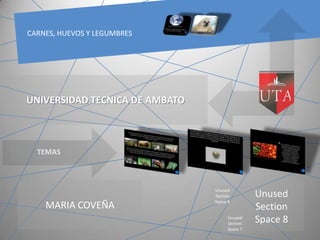 CARNES, HUEVOS Y LEGUMBRES




UNIVERSIDAD TECNICA DE AMBATO



  TEMAS



                                Unused
                                Section        Unused
                                Space 6
    MARIA COVEÑA                               Section
                                     Unused
                                     Section
                                               Space 8
                                     Space 7
 