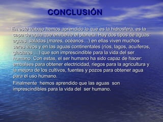 CONCLUSIÓN

En este trabajo hemos aprendido lo que es la hidrosfera, es la
capa de agua que envuelve el planeta. Hay dos tipos de aguas:
aguas saladas (mares, océanos…) en ellas viven muchos
seres vivos y en las aguas continentales (ríos, lagos, acuíferos,
glaciares …) que son imprescindible para la vida del ser
humano. Con estas, el ser humano ha sido capaz de hacer:
embalses para obtener electricidad, riegos para la agricultura y
la mejora de los cultivos, fuentes y pozos para obtener agua
para el uso humano.
Finalmente hemos aprendido que las aguas son
imprescindibles para la vida del ser humano.
 