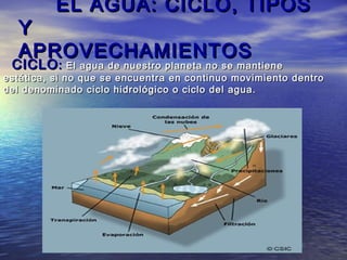 EL AGUA: CICLO, TIPOS
  Y
  APROVECHAMIENTOS
 CICLO : El agua de nuestro planeta no se mantiene
estática, si no que se encuentra en continuo movimiento dentro
del denominado ciclo hidrológico o ciclo del agua.
 