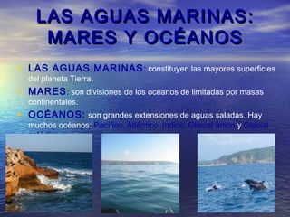 LAS AGUAS MARINAS:
     MARES Y OCÉANOS
• LAS AGUAS MARINAS : constituyen las mayores superficies
  del planeta Tierra.
• MARES : son divisiones de los océanos de limitadas por masas
  continentales.
• OCÉANOS: son grandes extensiones de aguas saladas. Hay
  muchos océanos: Pacífico, Atlántico, Indico, Glacial ártico y Glacial
  antártico.
 