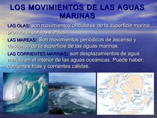 LOS MOVIMIENTOS DE LAS AGUAS
             MARINAS
• LAS OLAS: son movimientos ondulares de la superficie marina
  producida por los vientos.
• LAS MAREAS: Son movimientos periódicos de ascenso y
  descenso de la superficie de las aguas marinas.
• LAS CORRIENTES MARINAS: son desplazamientos de agua
  marina en el interior de las aguas oceánicas. Puede haber:
  corrientes frías y corrientes cálidas.
 