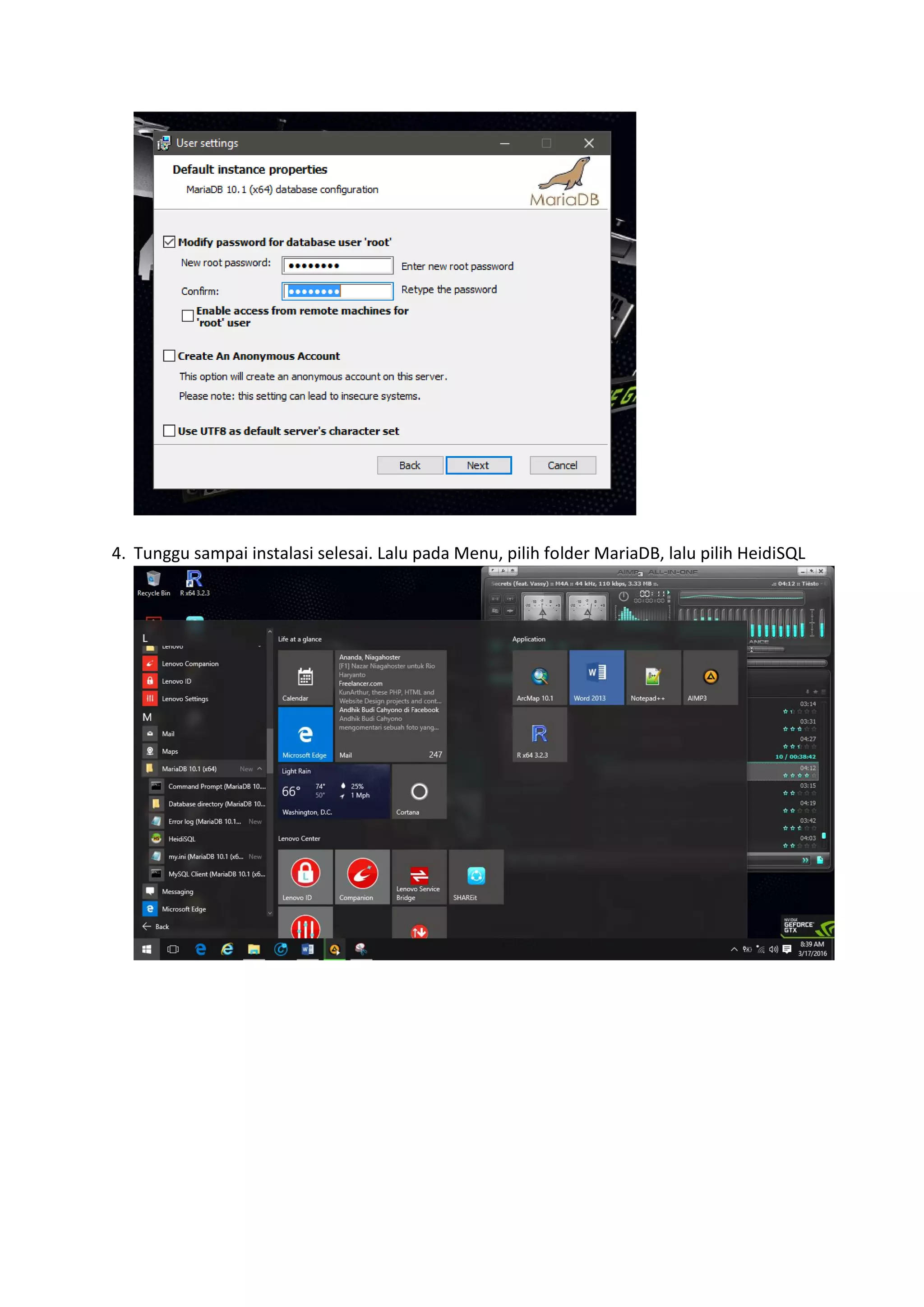 4. Tunggu sampai instalasi selesai. Lalu pada Menu, pilih folder MariaDB, lalu pilih HeidiSQL
 