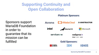 Platinum Sponsors:
Supporting Continuity and
Open Collaboration
2
Sponsoring MariaDB Foundation
Gold Sponsors:
Sponsors su...