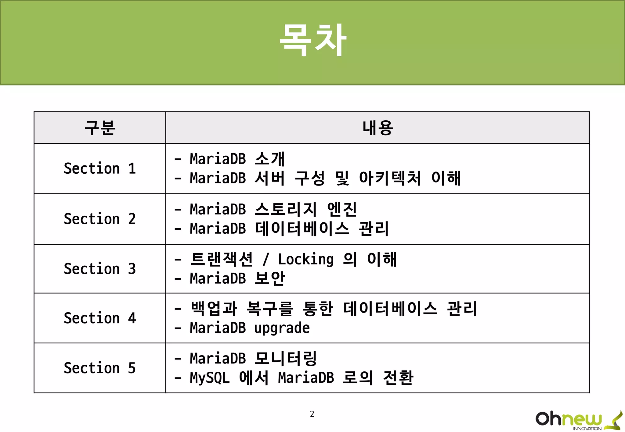 2
목차
구분 내용
Section 1
- MariaDB 소개
- MariaDB 서버 구성 및 아키텍처 이해
Section 2
- MariaDB 스토리지 엔진
- MariaDB 데이터베이스 관리
Section 3
- 트랜잭션 / Locking 의 이해
- MariaDB 보안
Section 4
- 백업과 복구를 통한 데이터베이스 관리
- MariaDB upgrade
Section 5
- MariaDB 모니터링
- MySQL 에서 MariaDB 로의 전환
 
