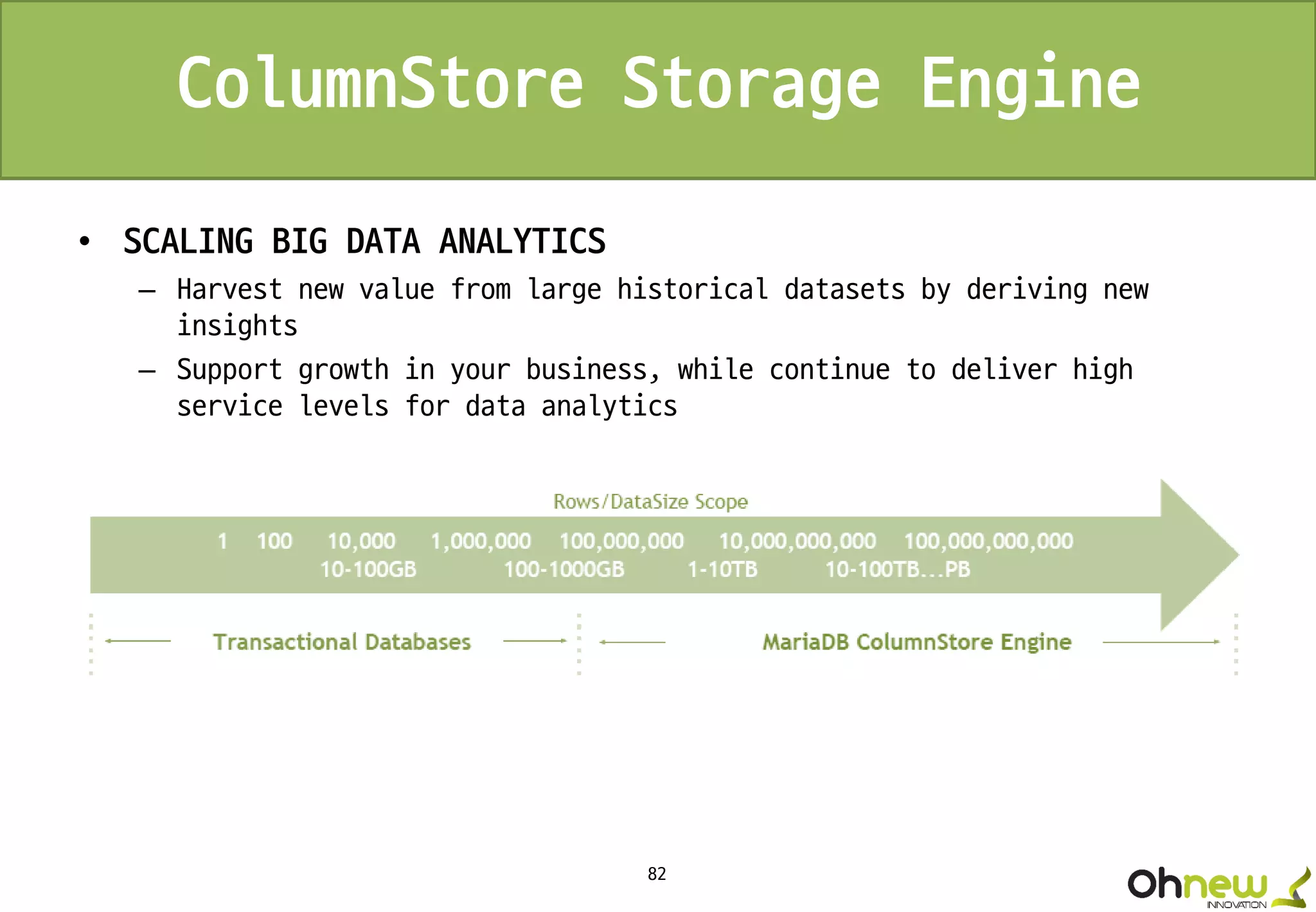 82
ColumnStore Storage Engine
• SCALING BIG DATA ANALYTICS
– Harvest new value from large historical datasets by deriving new
insights
– Support growth in your business, while continue to deliver high
service levels for data analytics
 
