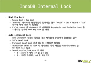 154
InnoDB Internal Lock
• Next Key Lock
– Record Lock + Gap Lock
– “dorothy” 데이터에 변경작업이 일어나는 경우 “wwcck” ~ Gap + Record ~ “lcd”
범위에 대해 lock 이 발생함
– binlog format 을 statement 로 사용하여 Repeatable read isolation level 을
사용하는 경우에 Next Key Lock 을 사용
• Auto-increment Lock
– Auto Increment 속성의 컬럼을 가진 테이블에 Insert가 실행되는 경우
– Table Level Lock
– Statement Level Lock 으로 SQL 이 수행되면 해제됨
– Transaction Level 의 lock 이 아니므로 이미 사용된 Auto-increment 는
Rollback 되지 않음
– innodb_autoinc_lock_mode 로 제어
 1 : insert 에 대해 lock 을 걸지 않음
 2 : 어떠한 경우에도 lock 을 걸지 않음
 