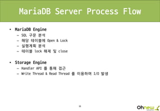 16
MariaDB Server Process Flow
• MariaDB Engine
– SQL 구문 분석
– 해당 테이블에 Open & Lock
– 실행계획 분석
– 테이블 lock 해제 및 close
• Storage Engine
– Handler API 를 통해 접근
– Write Thread & Read Thread 를 이용하여 I/O 발생
 