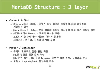 19
MariaDB Structure : 3 layer
• Cache & Buffer
– 자주 사용되는 데이터, 인덱스 등을 빠르게 사용하기 위해 메모리에
저장하는 영역
– Query Cache 는 Select 문과 결과의 조합을 캐시하여 매우 빠른 응답을 지원
– 데이터베이스 Metadata 메모리 캐시를 제공
– 스토리지 엔진에 따라 기능의 차이가 존재함
– 서버전체, 엔진별, 유저별 캐시를 포함
• Parser / Optimizer
– 유저의 오브젝트 접근 권한 확인
– SQL문 실행을 위한 준비 작업
– SQL 권한 확인, SQL 문을 Database 내부 언어로 변환, 실행경로 분석
– 모든 storage engine에 동일하게 적용
 