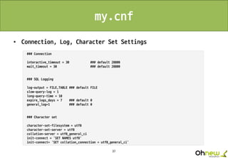 37
my.cnf
• Connection, Log, Character Set Settings
 